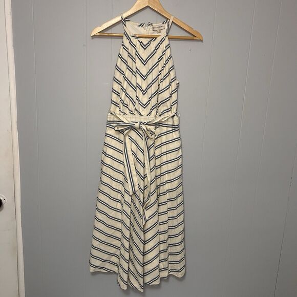 Weslee Rose Women’s Dress A-Line Sz 4 Linen Blend White Stripes Halter Neck Maxi - Picture 1 of 5